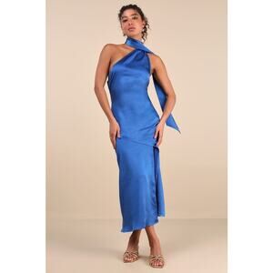 NWT Lulus Reglan Blue Satin One-Shoulder Sash Midi Dress Bridesmaid Gala Size M
